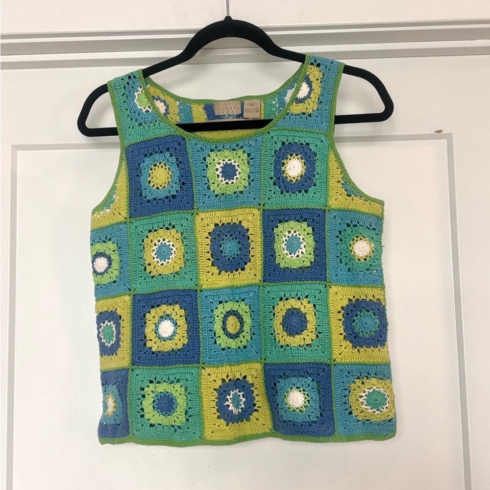 Sigrid Olsen Hand Knit Green/ Blue Granny Square Sleeveless Tank Top- Petite PM